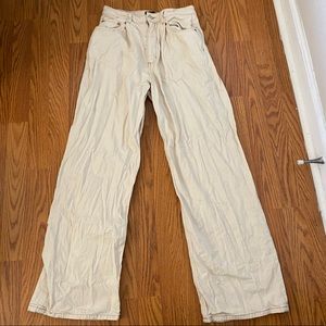 Stone wide leg pants with camel contrast stitching